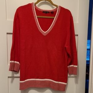 JEANNE PIERRE V-Neck Sweater in Red with Pink Details